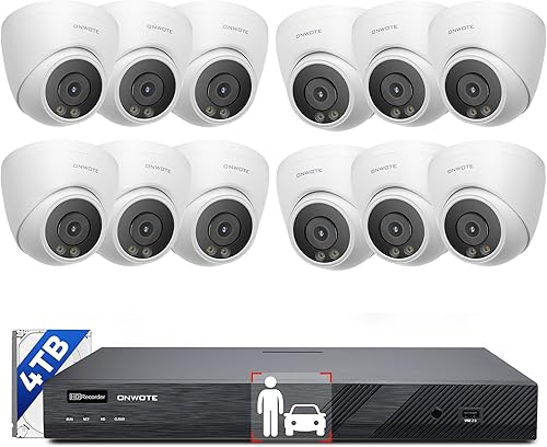 ONWOTE Sistema de cámara de seguridad PoE NVR de 16 canales con cable, 12MP 4K 16CH NVR comercial de 4 TB, noche inteligente de color AI, 12 cámaras