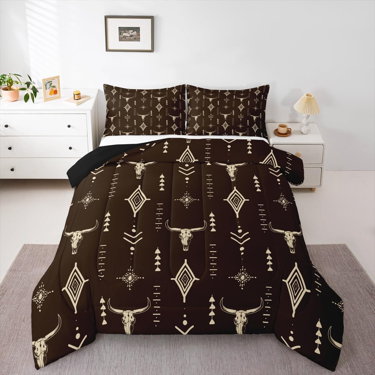 Erosebridal Western Aztec Bedding Set Twin Size Bull Skull Comforter Set for Adults Men Women Geometric Boho Cow Head Comforter Minimalist Art Room Decor Abstract Horns Brown Duvet Quilt