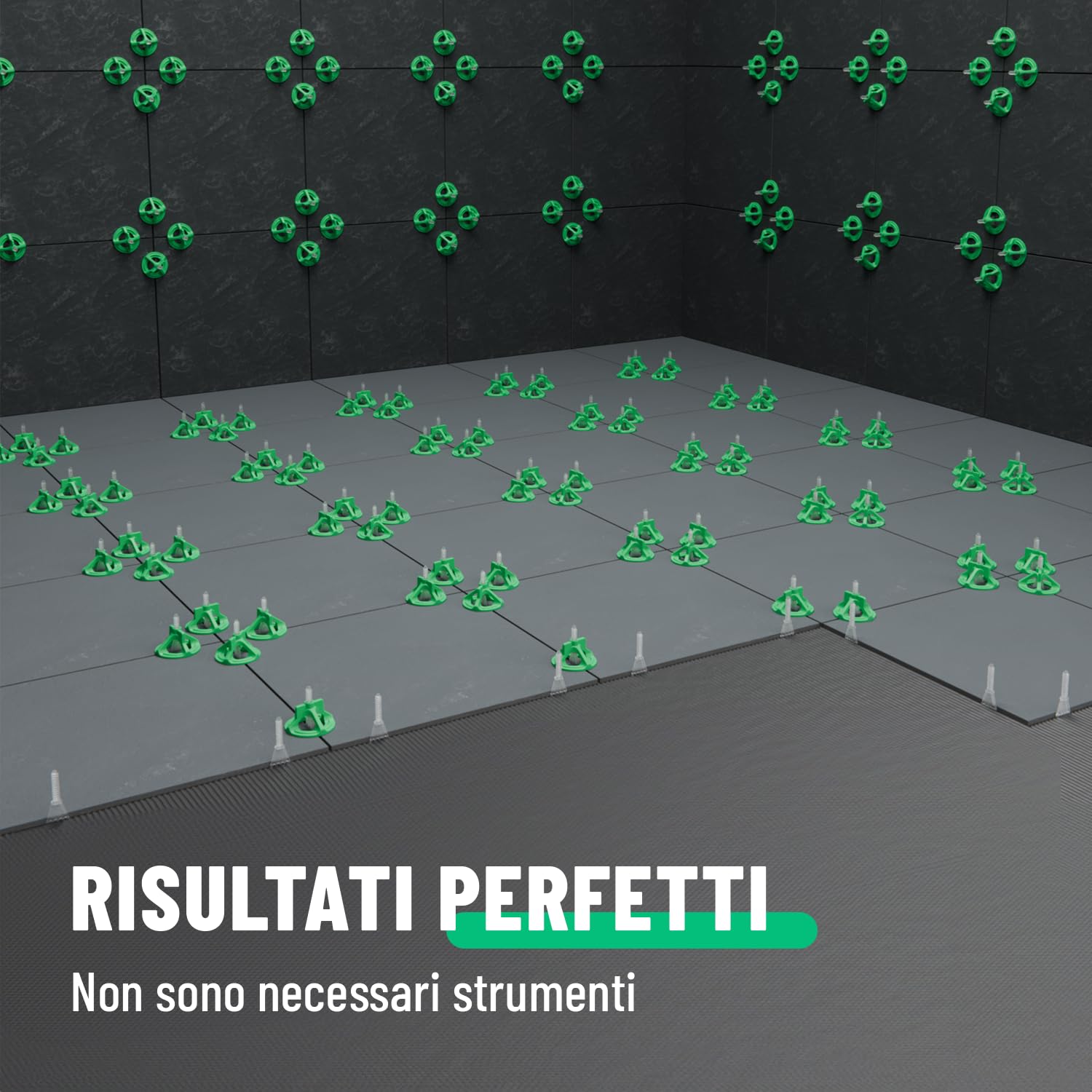 greate Sistema di livellatori per piastrelle da 250 Pezzi 2mm - Set per la Posa con 100 Clips, 100 Cappucci a Vite e 50 Crocette per piastrellisti - distanziatori per piastrelle 2 mm
