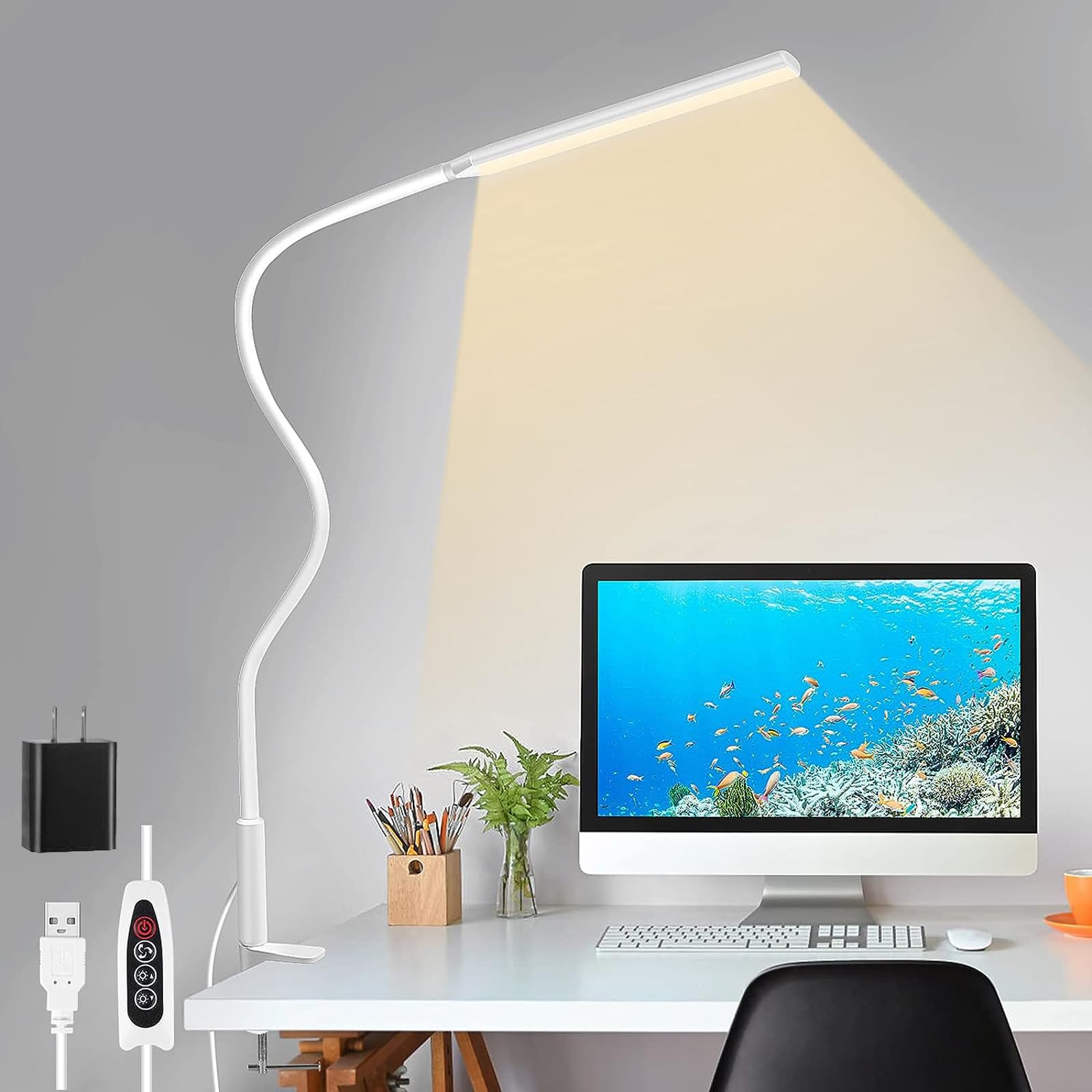 NBLE LED Desk Lamp with Clamp, USB Power Eye-Care Swing Arm Lamp, 3 Color Modes 10 Brightness Levels Reading Desk Lamp, 360° Adjustable Gooseneck Clip on Desk Light for Reading, Home, Office-WHITE