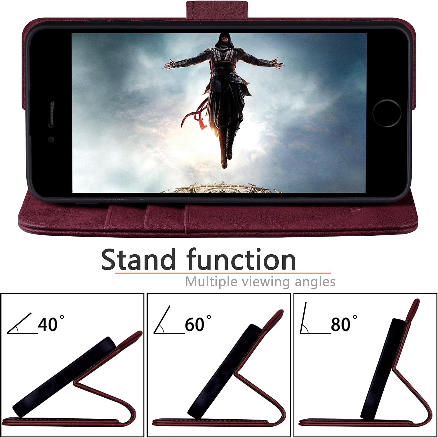 DuckSky for iPhone 7/8/SE 2020/SE 2022 Genuine Leather Wallet case【RFID Blocking】【3 Credit Card Holder】【Real Leather】 Flip Folio Book Phone case Protective Cover Women Men for Apple 7/8 case Wine Red