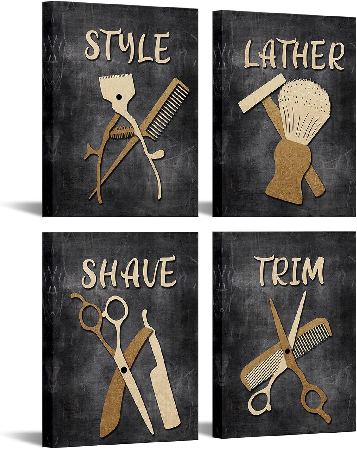 Biuteawal Vintage Barbershop Theme Wall Art Fashion Painting Lather Shave Trim Style Print on Canvas Stylish Mens Wall Decor 4 Panel Vintage Artwork Set Hair Salon Home Men Bedroom Bathroom Wall Decor