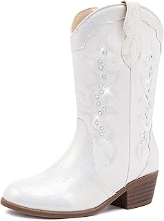 LAURMOSA Girls Cowboy Boots Cowgirl Western Boot for Kids Rhinestone Sparkly Toddler Dress Boots Ponited Toe Mid Calf Birthday Party for Little Big Kid