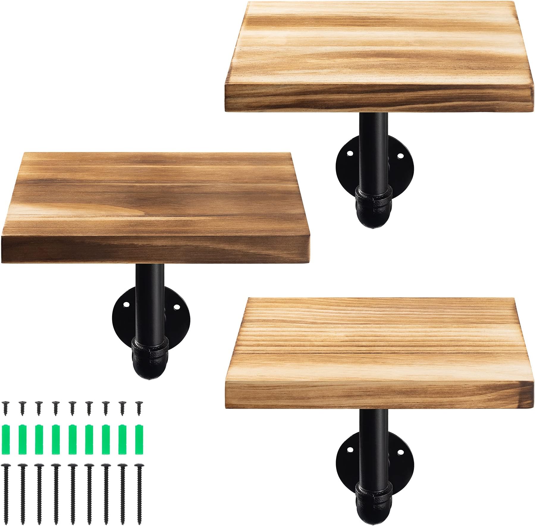 Navaris Industrial Pipe Shelf Set - 3 Small Wooden Shelves with Black Pipe Shelf Brackets - 15x20cm Wall-Mounted Wood Shelving - Size S, Burnt Brown