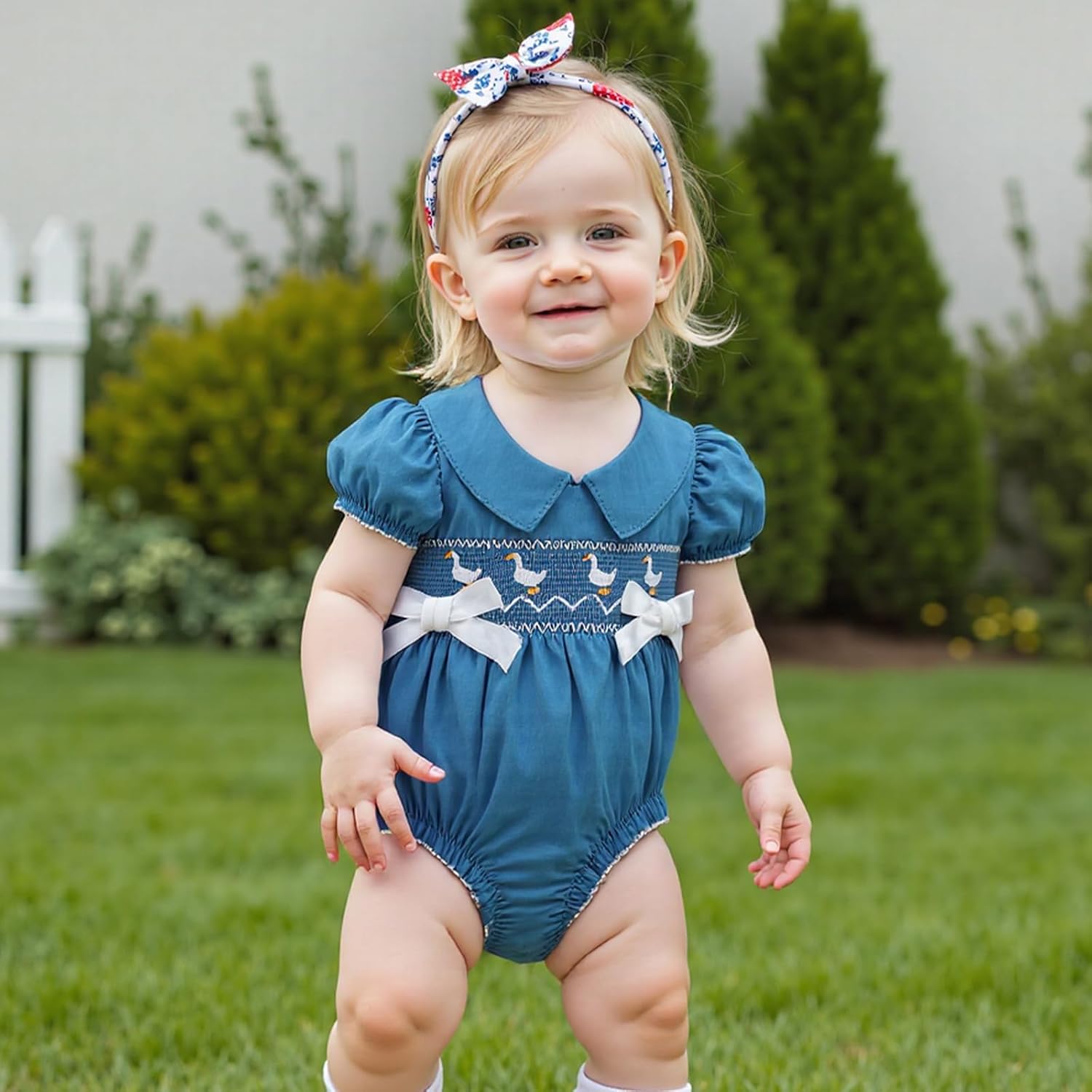 Newborn Baby Girl Romper Farm Outfit Goose Embroidery Short Sleeve Onesie Smocked Jumpsuit Country Summer Clothes