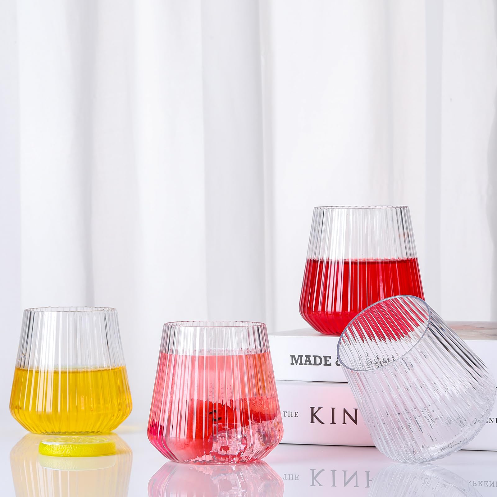 Suclain 20 copas de vino de plástico acanaladas, sin tallo, diseño vertical, irrompibles, para exteriores, interiores, vintage, elegantes, copas de whisky de champán para fiestas de Navidad, bodas