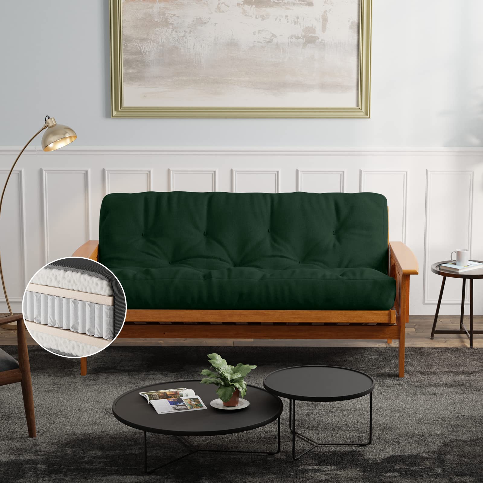 Loosh Home | 10" Queen Size Futon Sofa Bed Pocket Coil Foam Mattress - USA Made, Dark Green, Frame Not Included