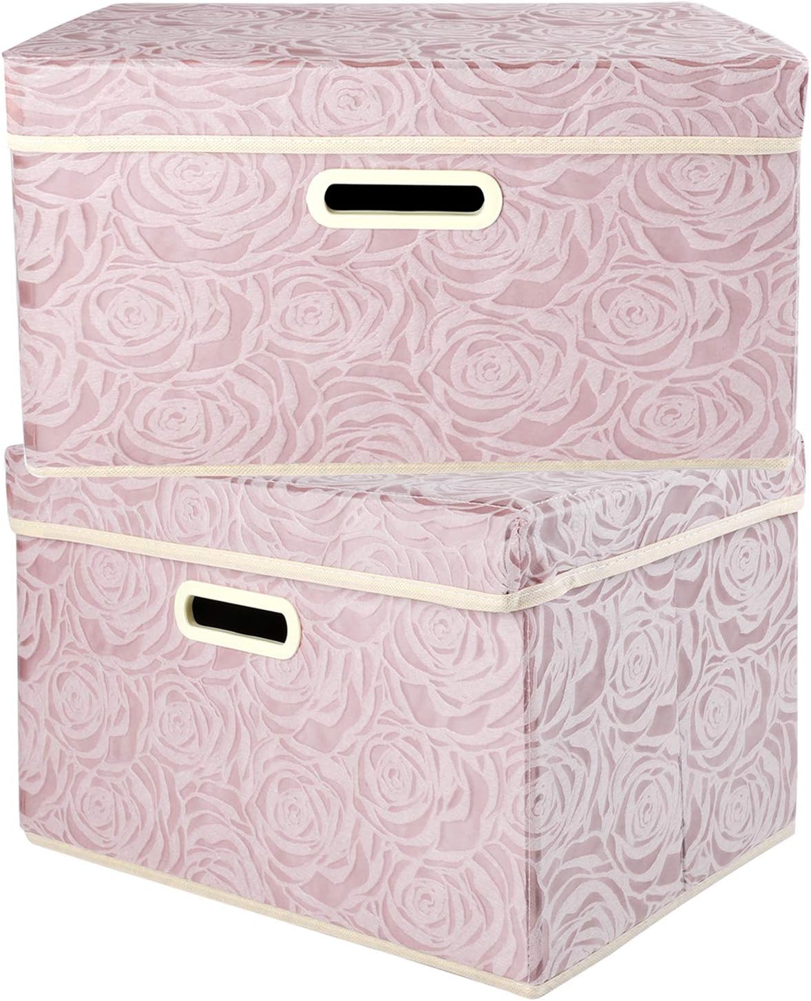 Lucky Monet 2 Pack Rose Pattern Storage Bins with Lids and Handles Large Foldable Fabric Organizer Cubes Storage Basket Box Containers (17.7"x11.8"x11.8", Pink)