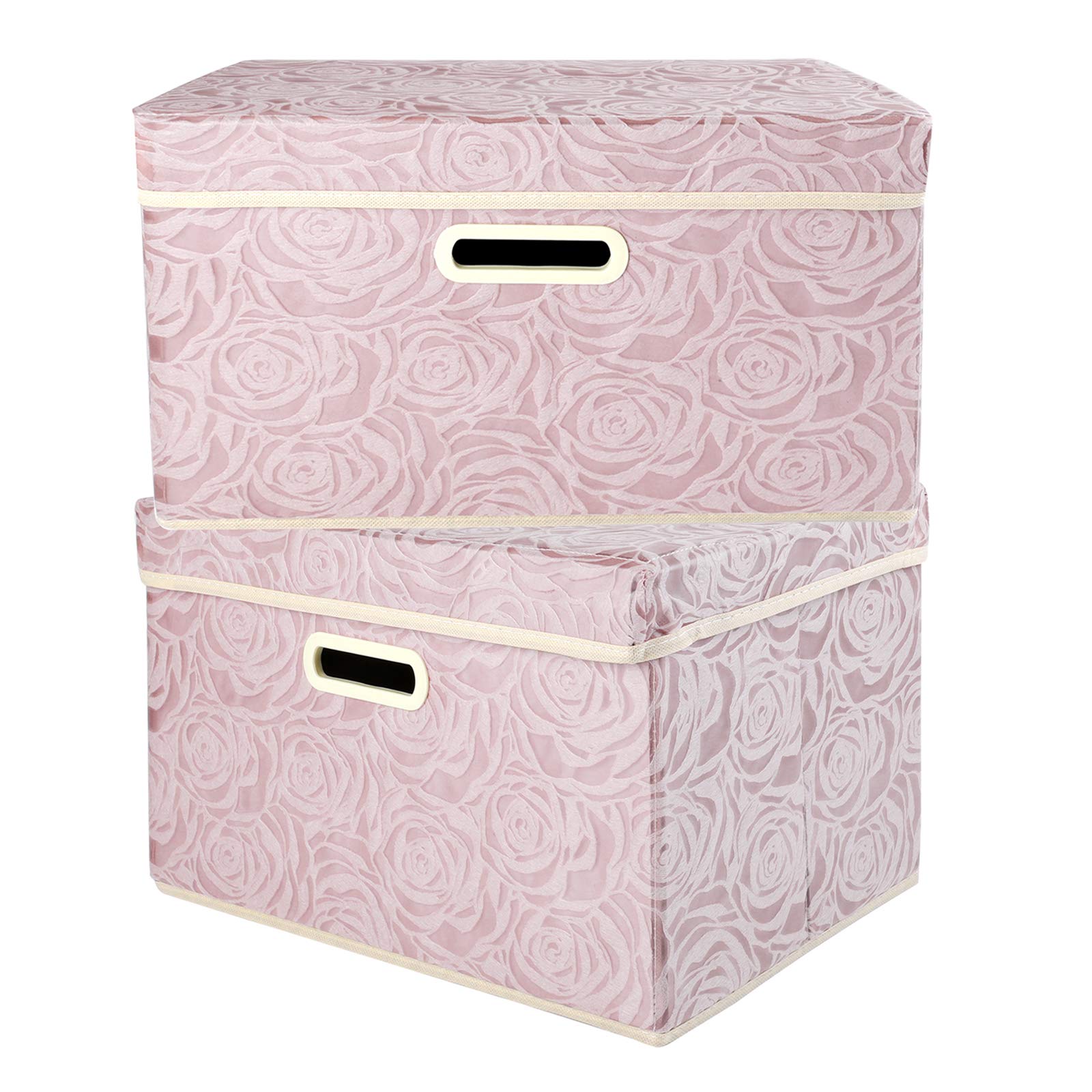 Lucky Monet 2 Pack Rose Pattern Storage Bins with Lids and Handles Large Foldable Fabric Organizer Cubes Storage Basket Box Containers (17.7"x11.8"x11.8", Pink)
