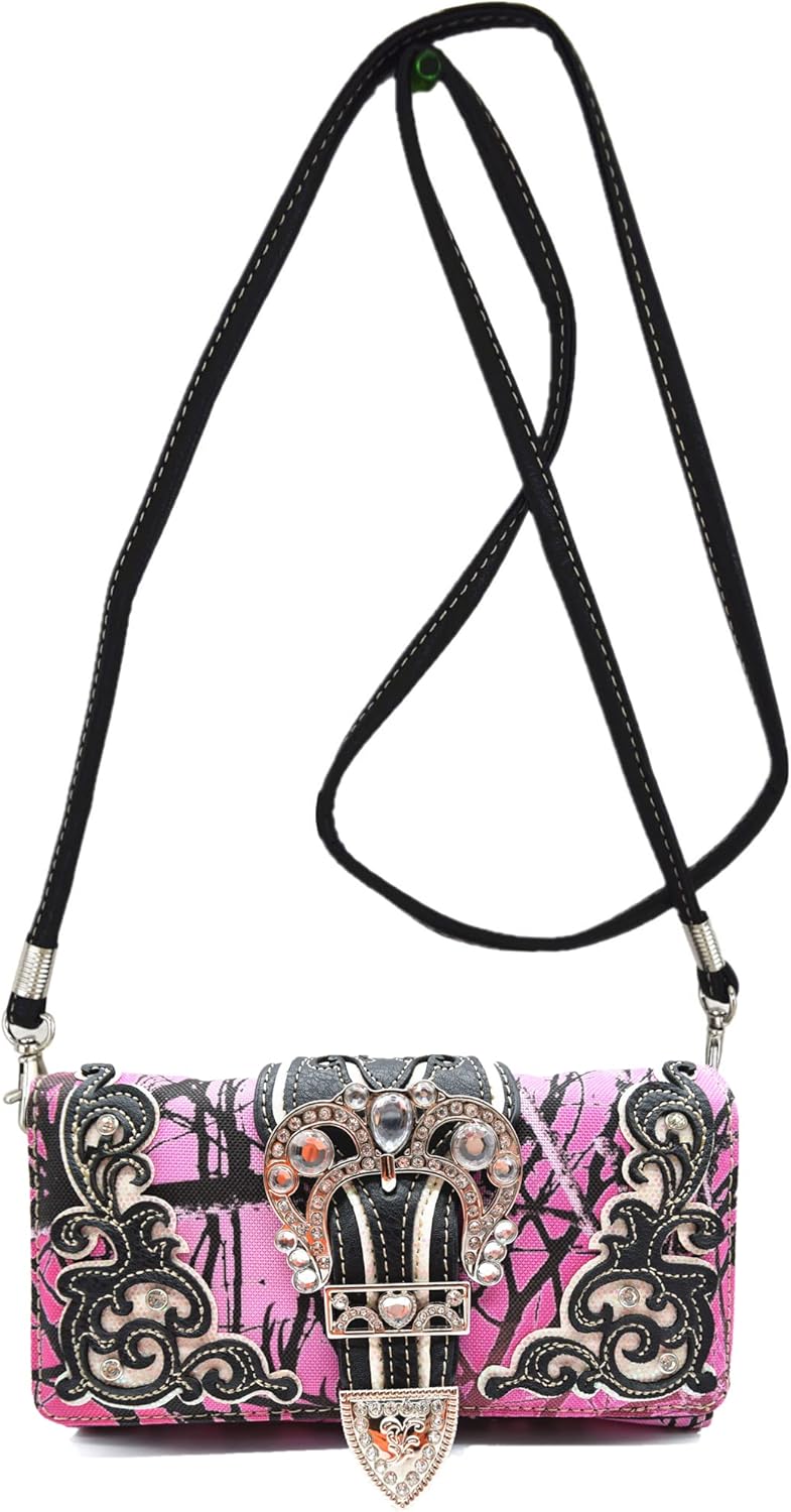 Camouflage Crown Buckle Western Style Purse Floral Shine Glow Country Handbag Women Shoulder Bag Crossbody Wallet Set
