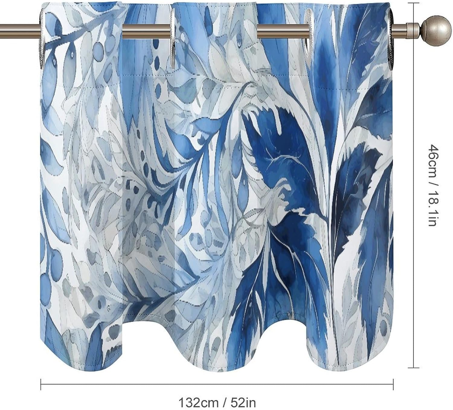 Blue Leaves Pattern Valance for Windows, 2 Pack Kitchen Curtains Modern Home Decor, Soft Blackout Window Curtains for Living Room & Bedroom, 18 X 52 Inch