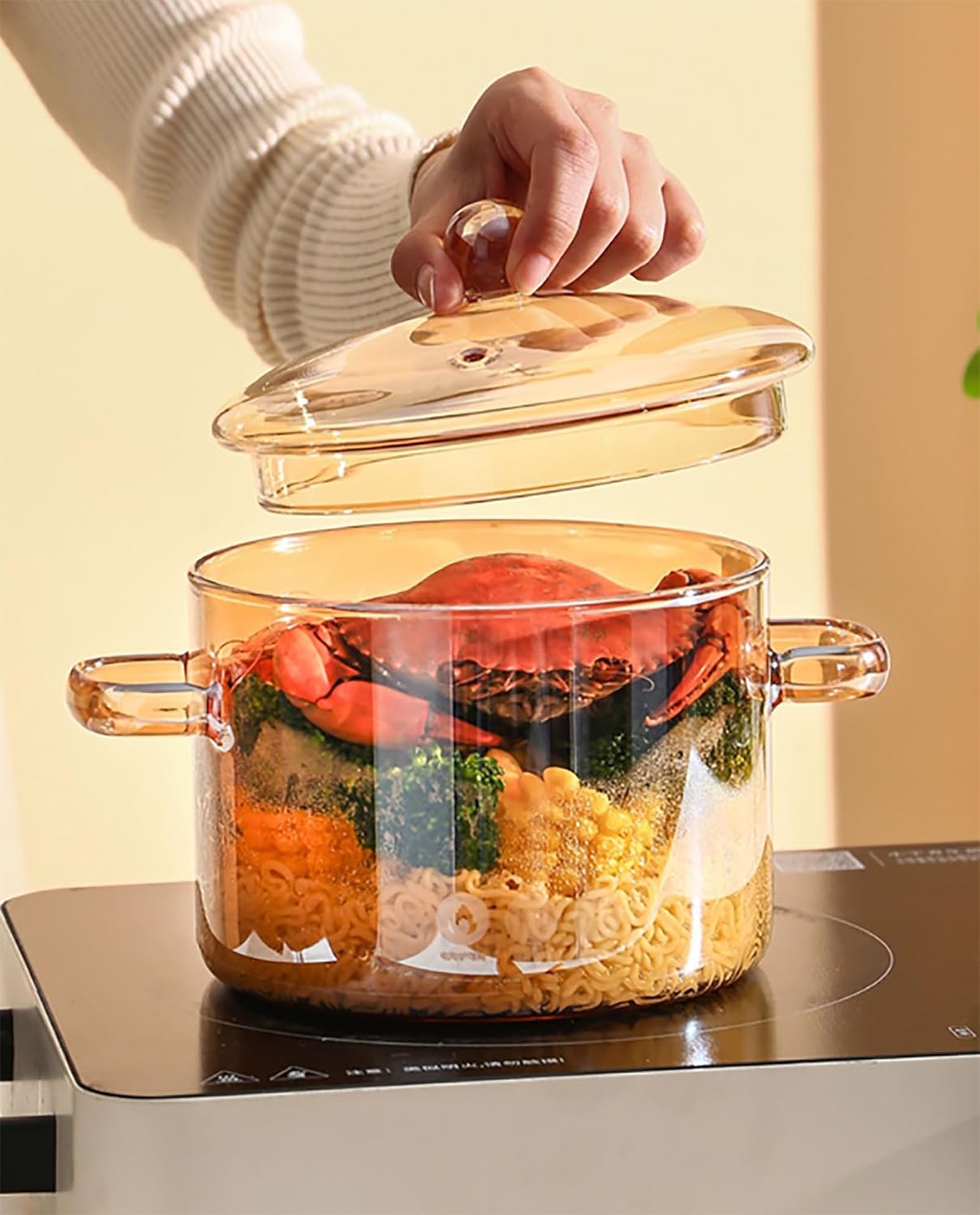 Pentola in Vetro Trasparente per Cucinare, 1,5 l, Adatta per fornelli e Forno, con Coperchio.