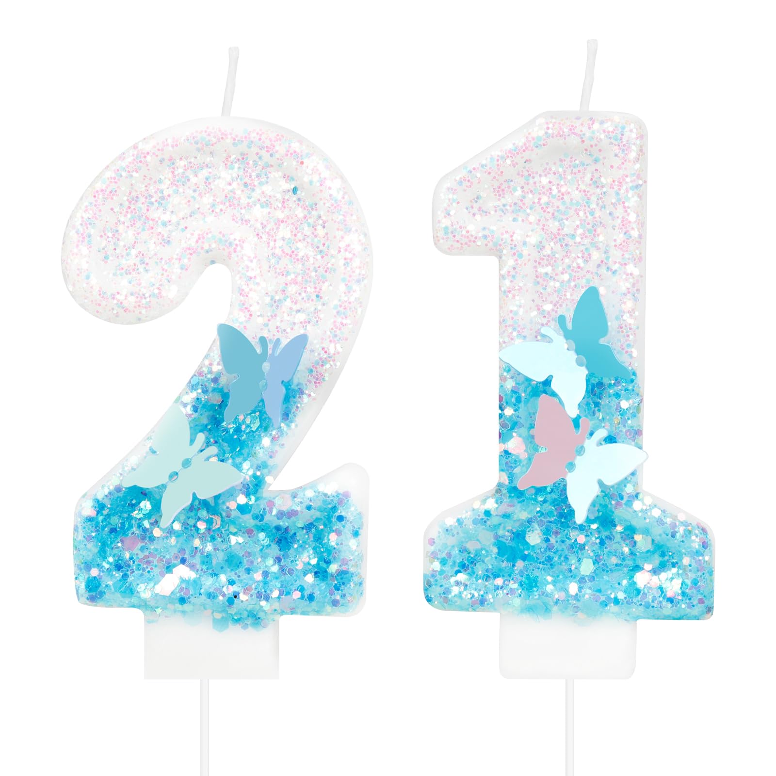 Geburtstagskerzen Zahlen 21, Schmetterling Kerzen Geburtstag, Personalisierte Manuell Geburtstagskerzen, Blau Pailletten Kuchendeko, Tortendeko 21 Geburtstag für Frauen Mädchen Geburtstags Jubiläum