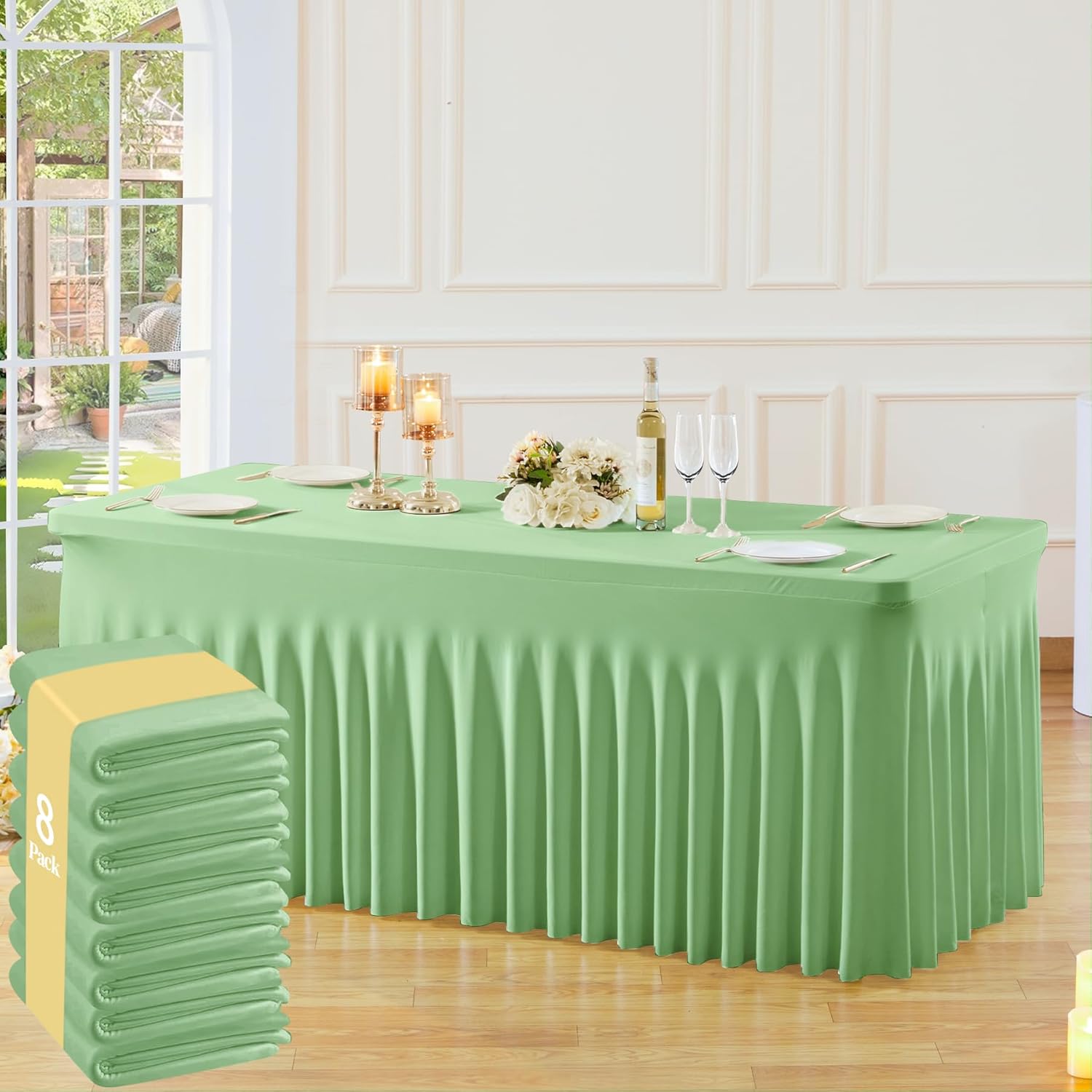 8 Pack Sage Green Table Cloth for 6 Foot Rectangle Tables Spandex Fitted Tablecloth 6ft Stretch Table Covers Skirt Green Banquet Tablecloths Wrinkle Free Tablecloth for Party Wedding Birthday Event
