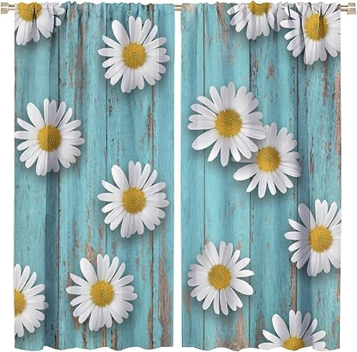 Miniatura 45 de Cortinas rústicas de cocina de granja, margaritas florales de granja de primavera, cortinas opacas de madera retro con bolsillo para barra, cortinas