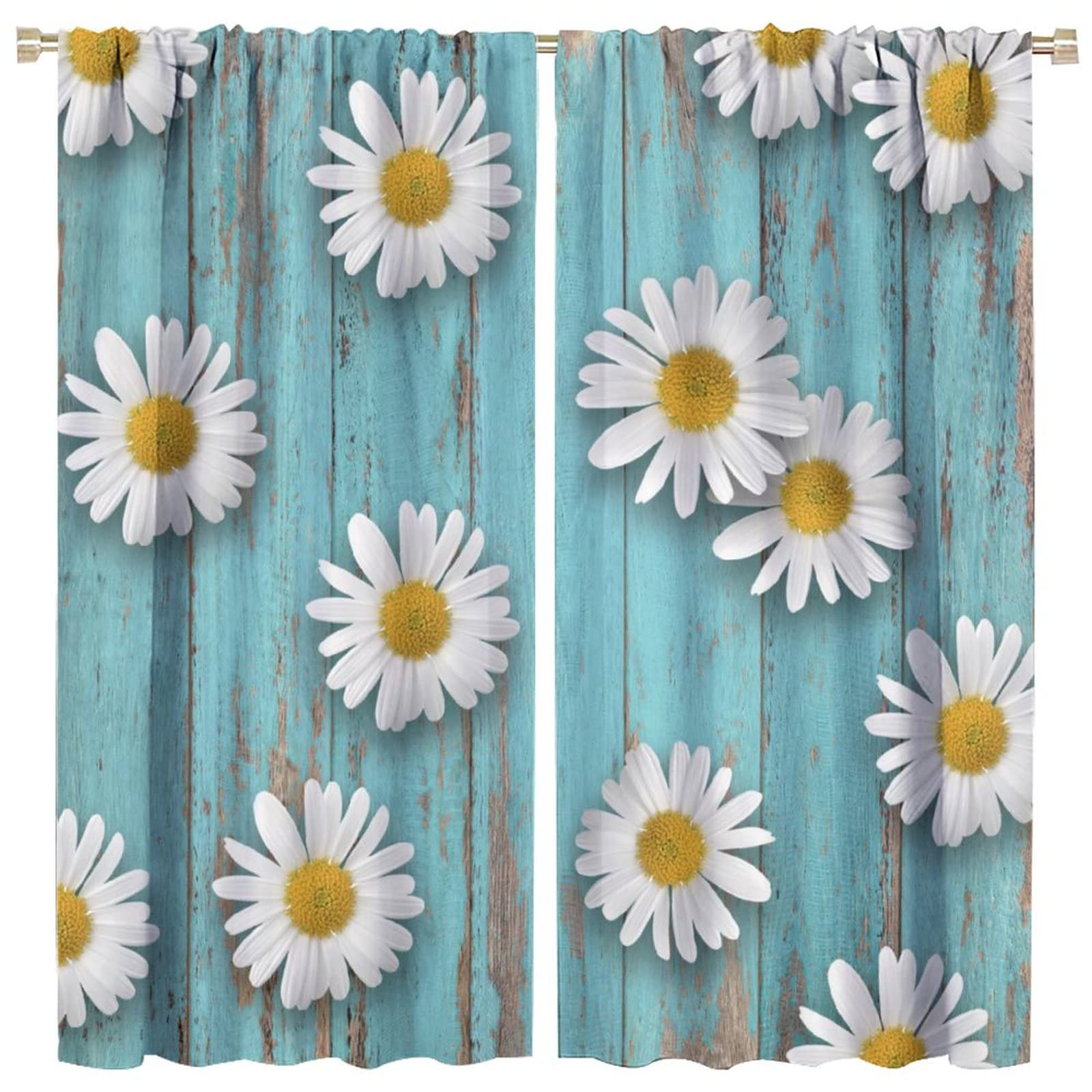 Floral Daisy Bedroom Curtains,Vintage Rustic Farmhouse Cabin Blue Wood Plank Flowers Room Darkening Door Window Rod Pocket Curtain for Living Room Kitchen Bathroom W42xL45in