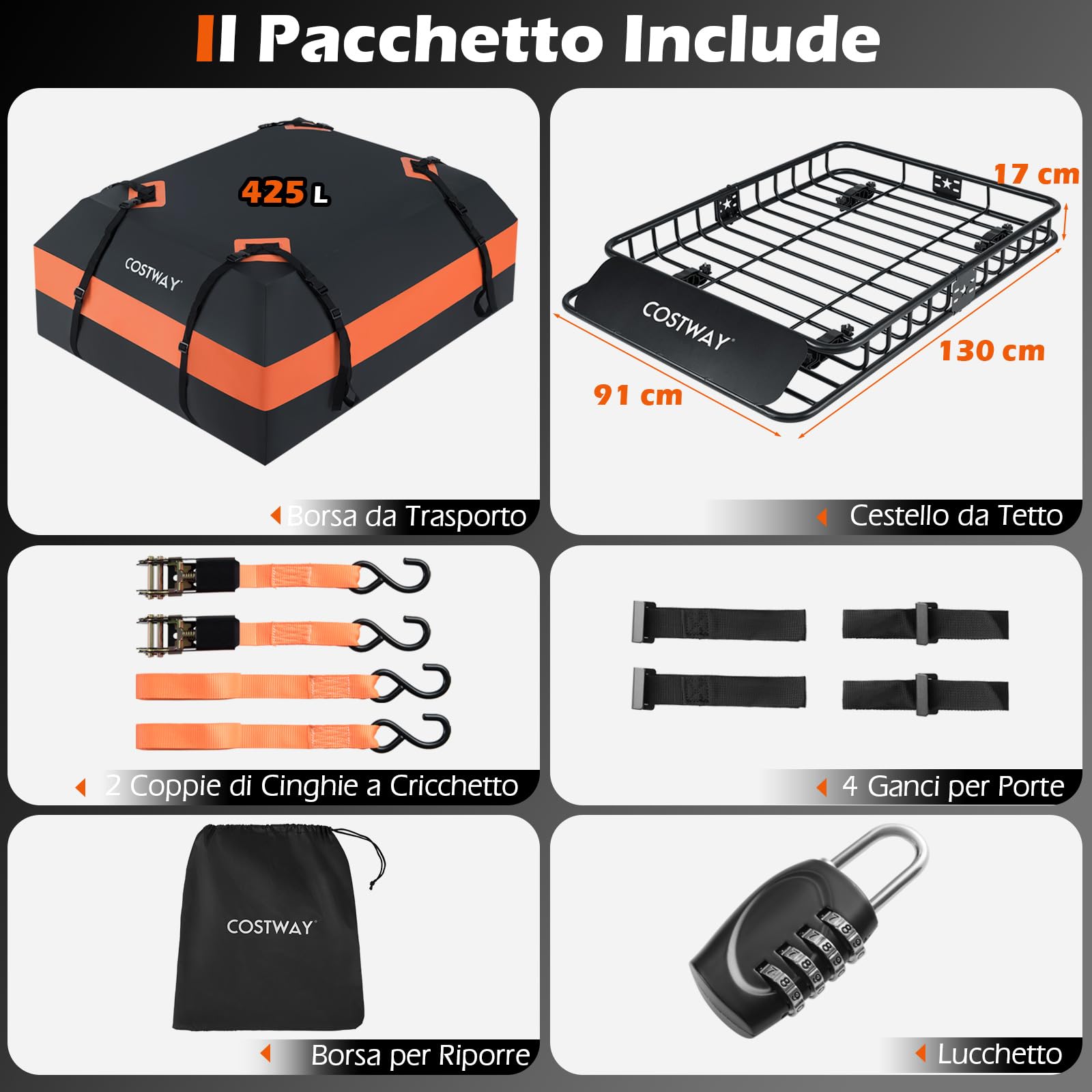 Portapacchi da tetto con borsa impermeabile da 425 L, Porta bagagli universale con cinghie a cricchetto per SUV