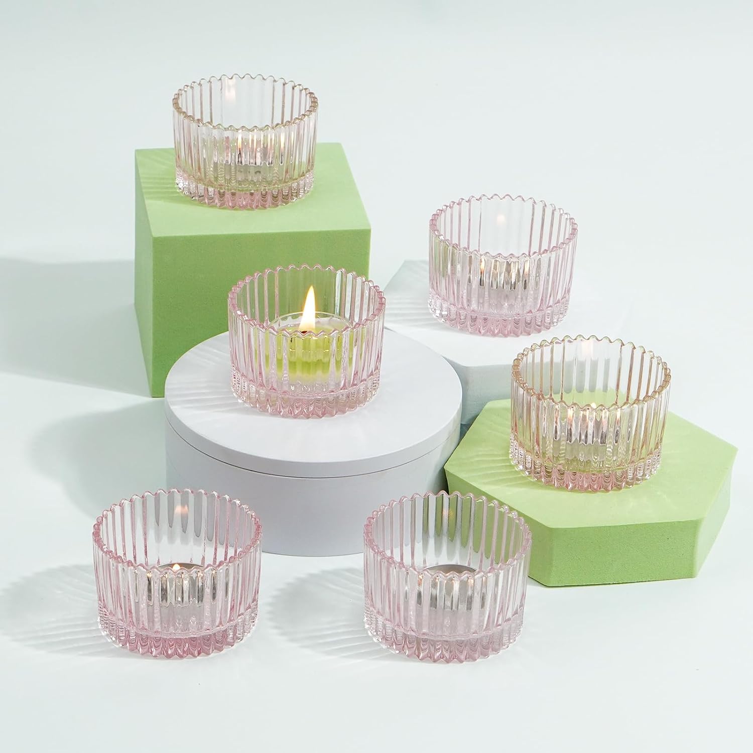 6 Pack Glass Candle Holder,Round Glass Candle Tray Ribbed Tealight Holders for Votives, Floating Candles Table Centerpieces Wedding Home Decor,Pink
