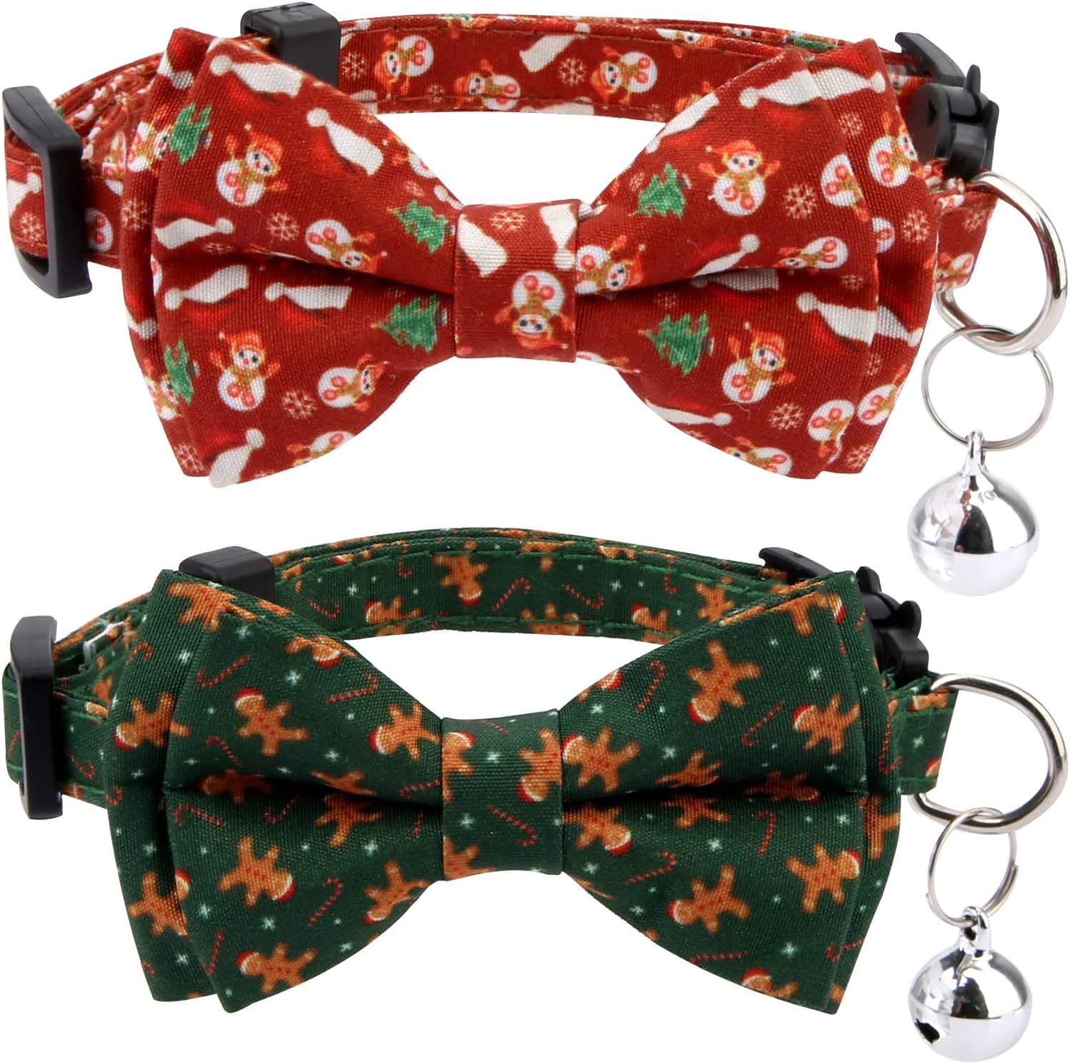 Luter 2pcs Christmas Cat Collar with Bells and Bow Tie, Adjustable Cat Collar Breakaway Cute Kitten Collar Snowman Christmas Hat Gingerbread Man for Female and Male Cats Puppy