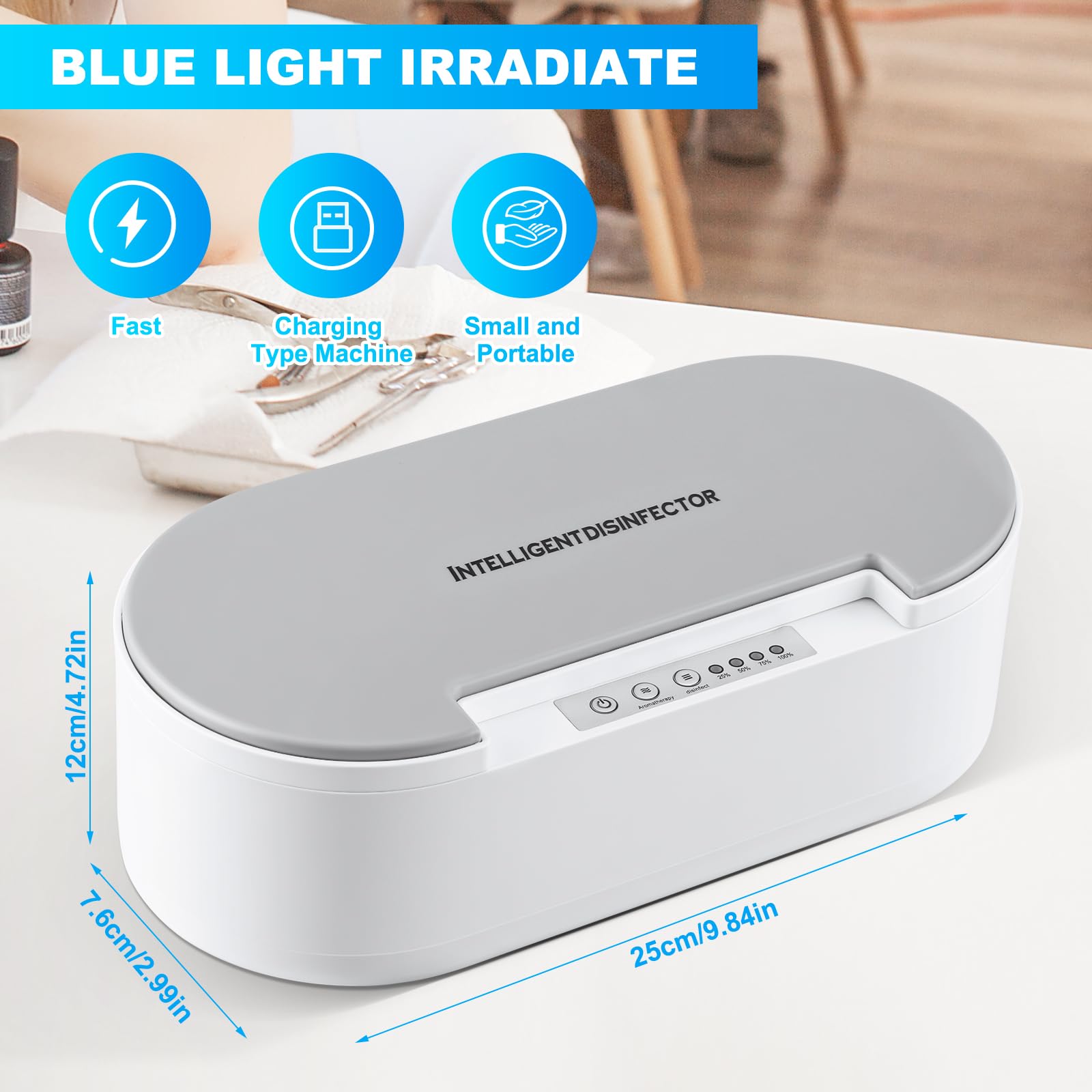 Przenośne narzędzie sterylizator USB, niebieskie światło sterylizacja pudełko do salonu manicure, pęseta, tatuaż, nożyczki, biżuteria, telefon, zegarek, klucze
