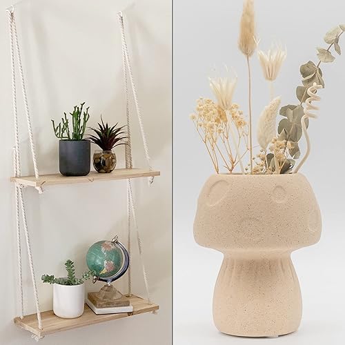 Estantes colgantes para pared Juego de 2 con ganchos Estante de madera, cuerda de macramé, madera recuperada natural, florero decorativo de hongos,