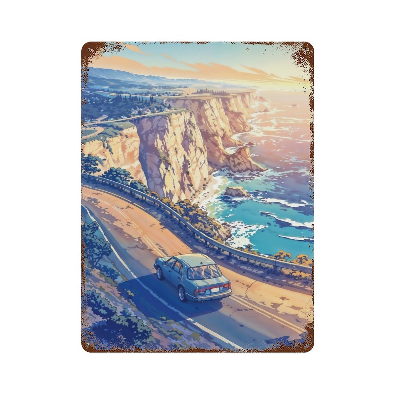 Rusty Metal Tin Sign The Coastal Drive 15.7"x11.8", Classic Wall Plaque for Cafe, Home Bar And Lounge Decor
