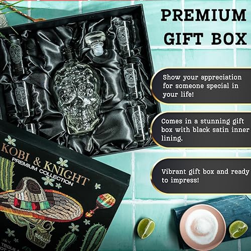 Miniatura 5 de Kobi & Knight Juego de decantador de tequila de calavera, decantador de cristal hecho a mano con 6 vasos de chupito, juego de tequila en caja de