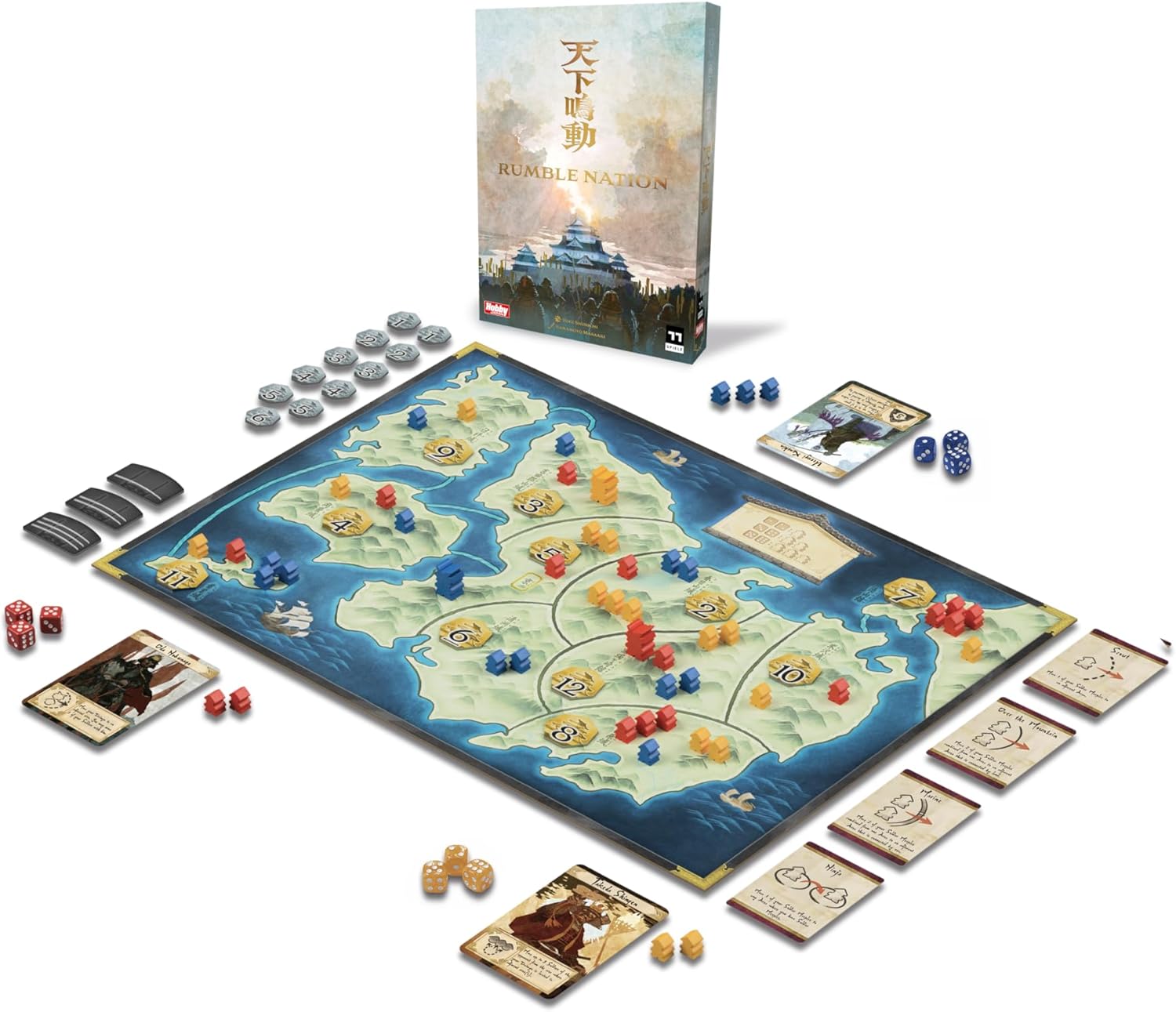Rumble Nation Board Game - Dice Rolling and Tactical Warfare Strategy Game in the Sengoku Era, Fun for Families, Kids & Adults, Ages 10+, 2-4 Players, 30 Minute Playtime, Made by Hobby Japan