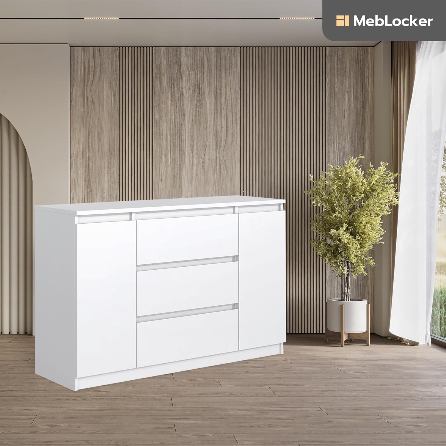 Commode à 3 tiroirs, 2 Portes, 140 cm, idéale pour Le Salon, la Chambre à Coucher, la Chambre d'enfant et Le Bureau, Solution Moderne et élégante pour Un Rangement et Une Organisation