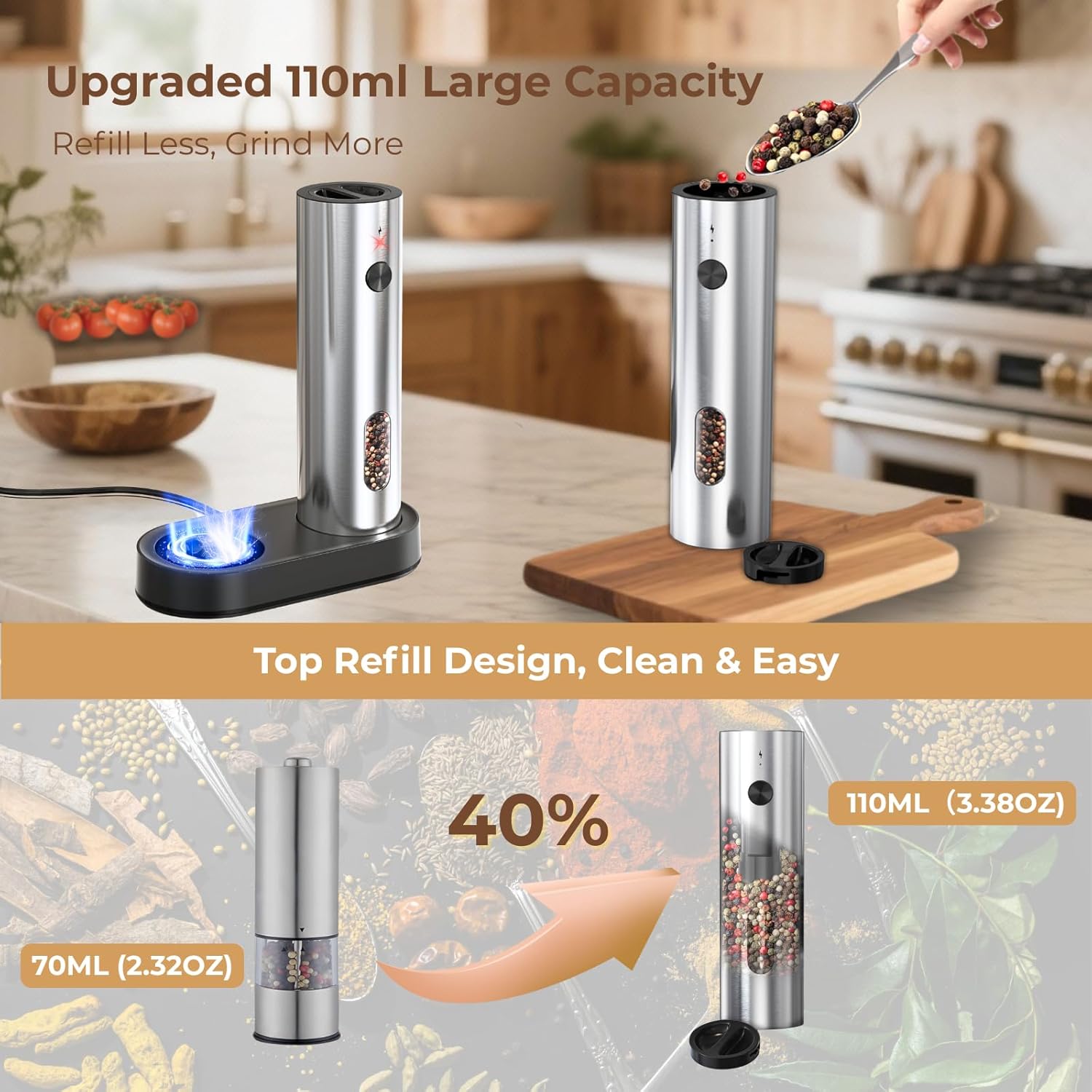 Electric Salt And Pepper Grinder Set, Rechargeable Dual Charging Base, Automatic Refillable Pepper Mills, with 110ml Large Capacity, Adjustable Coarseness & LED Light, Ideal for Kitchen, Outdoor & BBQ
