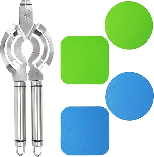 Abrelatas de acero inoxidable ajustable y juego de almohadillas de goma para abridor de tarros, 5 en 1 multifuncional para manos débiles y personas