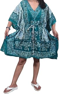Womens Short Kaftan Dress Beach Coverup Elephant Printed Short Tops OneSize Green