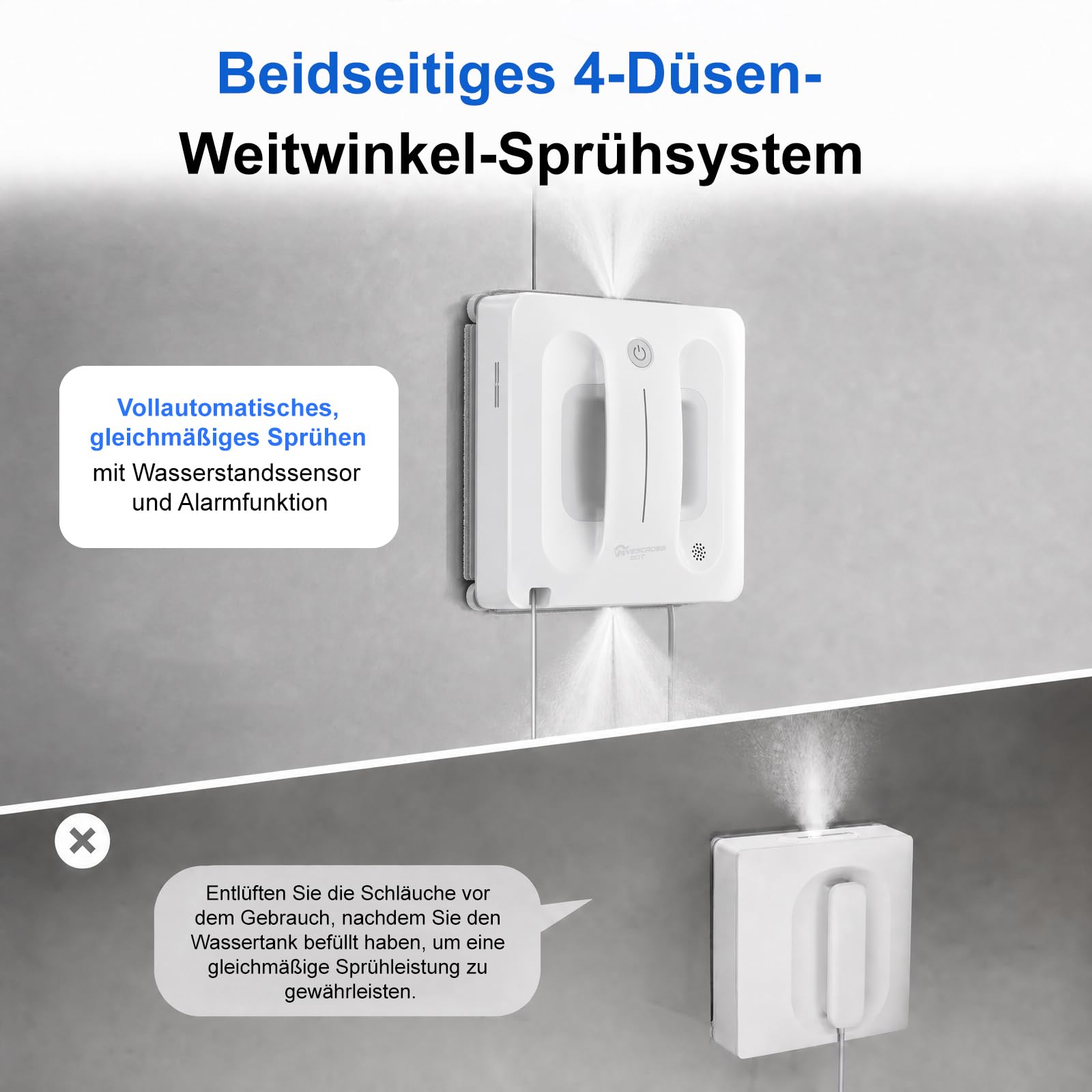 Fensterputzroboter mit 4-Fach Sprühsystem, Automatische Fensterreinigung für rahmenlose & gerahmte Fenster