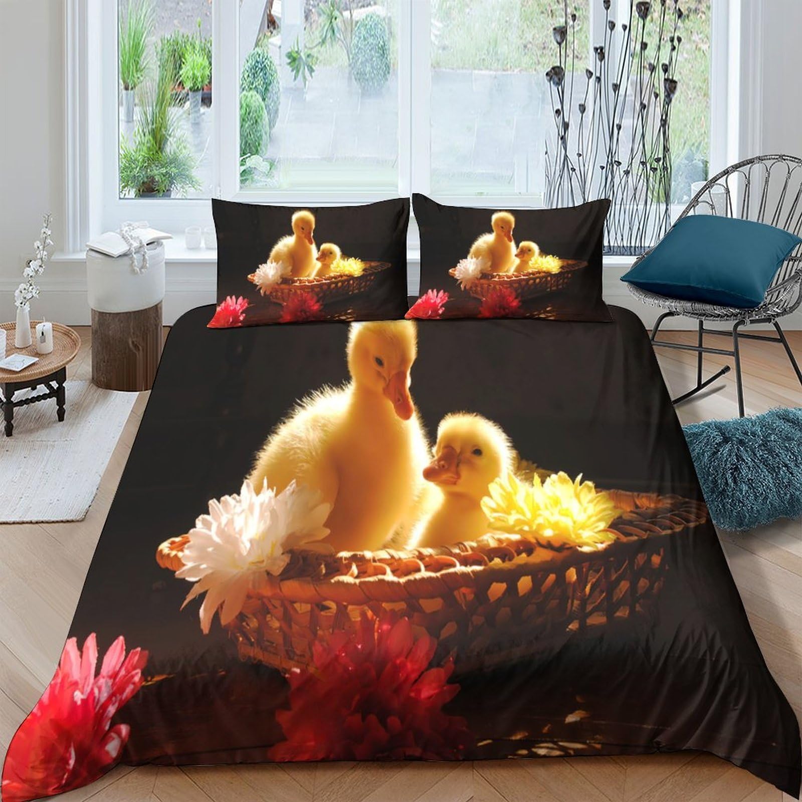XFKLYNVCJ 3D Printed Baby ducklings Bed Cover Microfiber Cute farm animal style Bedding Cover Machine Washable Fade Resistant Breathable Durable Wrinkle Free for Guest Room Use Single（135x200cm）