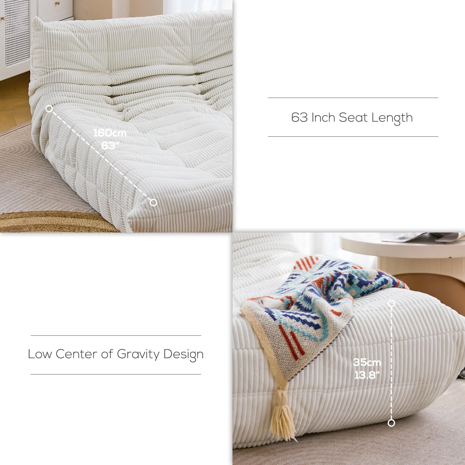 N&V Fireside Lounge Chaise Chair, Mid Century Armless Floor Lounger Sofa, Soft Premium Corduroy Floor Lounge Chair, Foam Sofa Accent Lounger for Living Room Bedroom and Office, Lavender