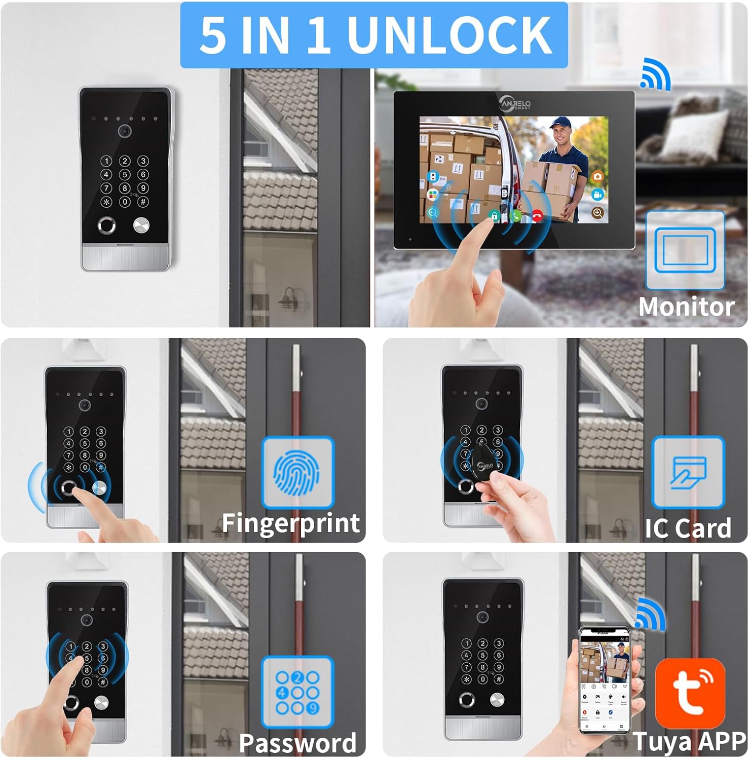 WiFi Video Door Phone Apartment Intercom System,7 Inch Touch Screen Monitor with Wired 1080P doorbell, 5 in 1 Unlock, Support Fingerprints, RFID Cards, Passwords for Home Villa Tuya,32G
