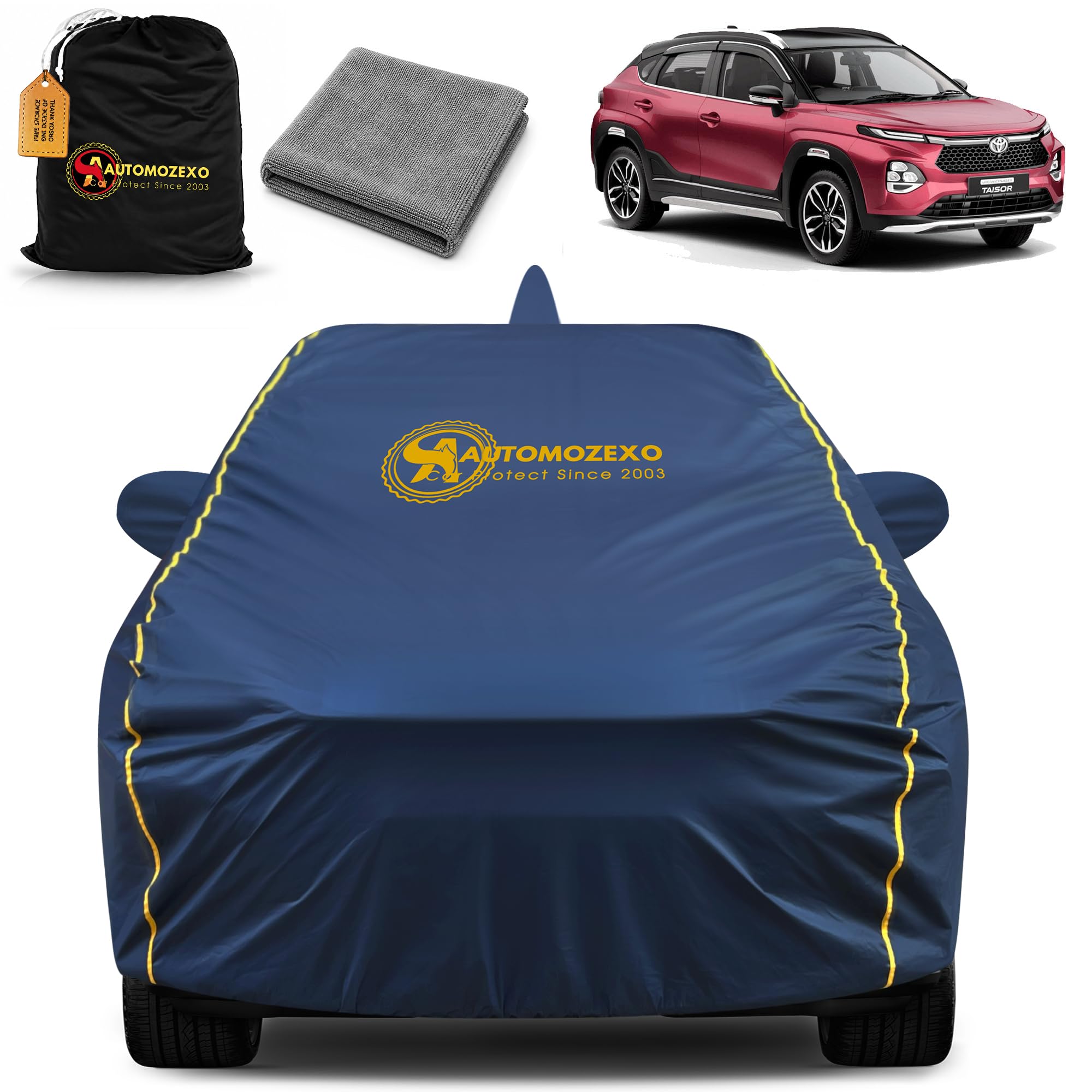 Toyota Taisor 100% Waterproof Car Cover for All Weather Protection with Mirror & Antena Pocket Inner Cotton Triple Stitched Cover with Adjustable Belt Bottom Elastic to Secure Fit -Blue-image-41