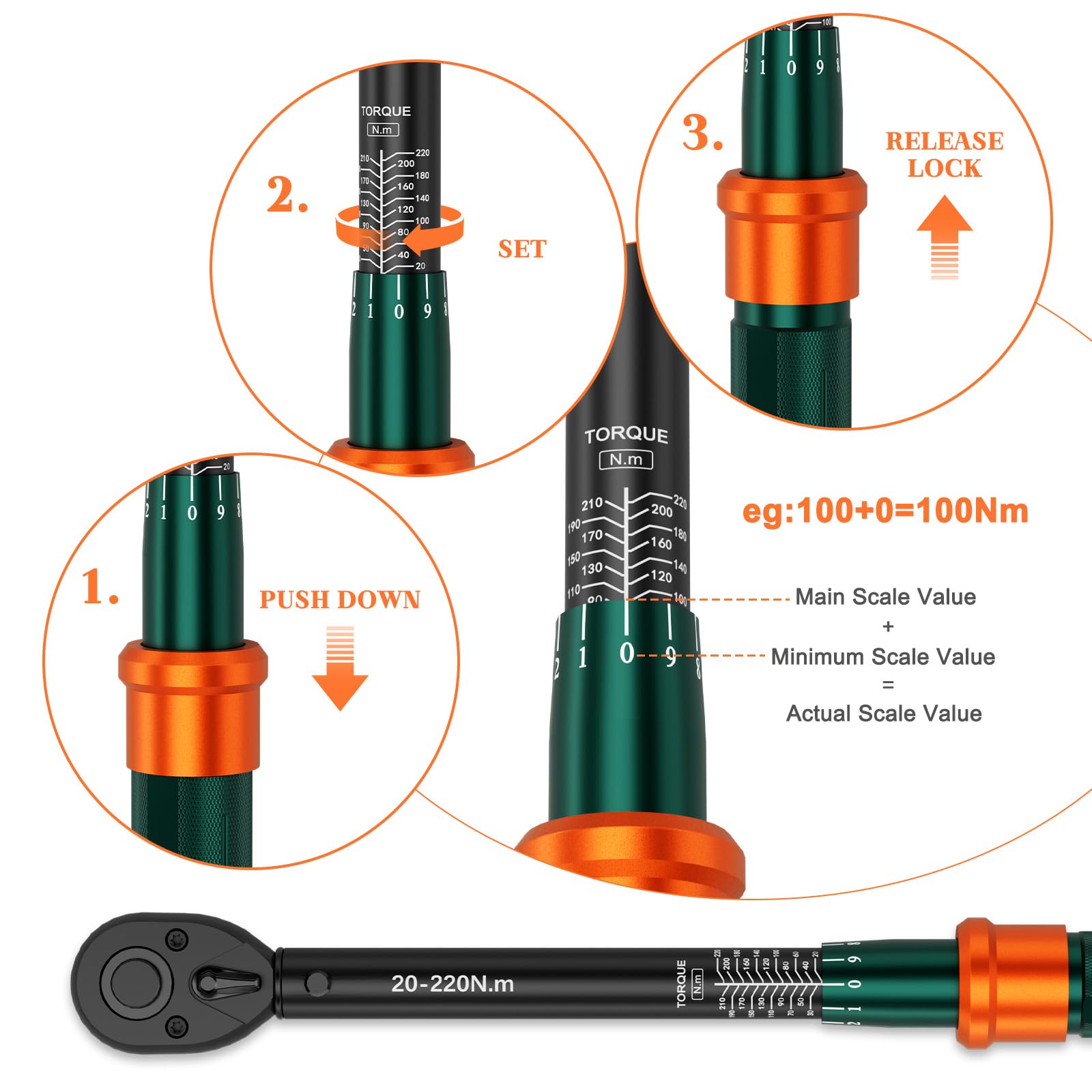 Chiave Dinamometrica 1/2, 20-220Nm, 72 Denti Cricchetto Reversibile Chiave Dinamometrica Auto, Precisione ± 3%, per Riparazione e Manutenzione di Moto, Auto, Camion
