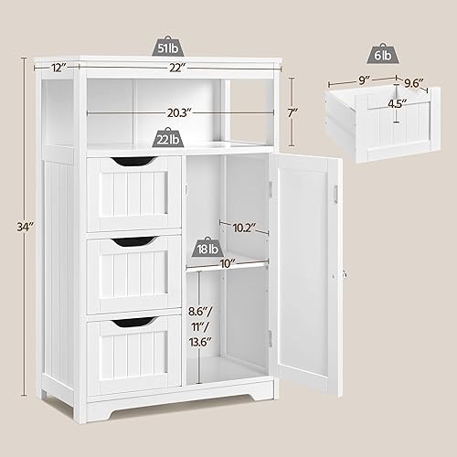 Miniatura 3 de Yaheetech Armario de suelo de baño, organizador de almacenamiento de madera con 1 puerta y 3 cajones, armario independiente para cocina, sala de