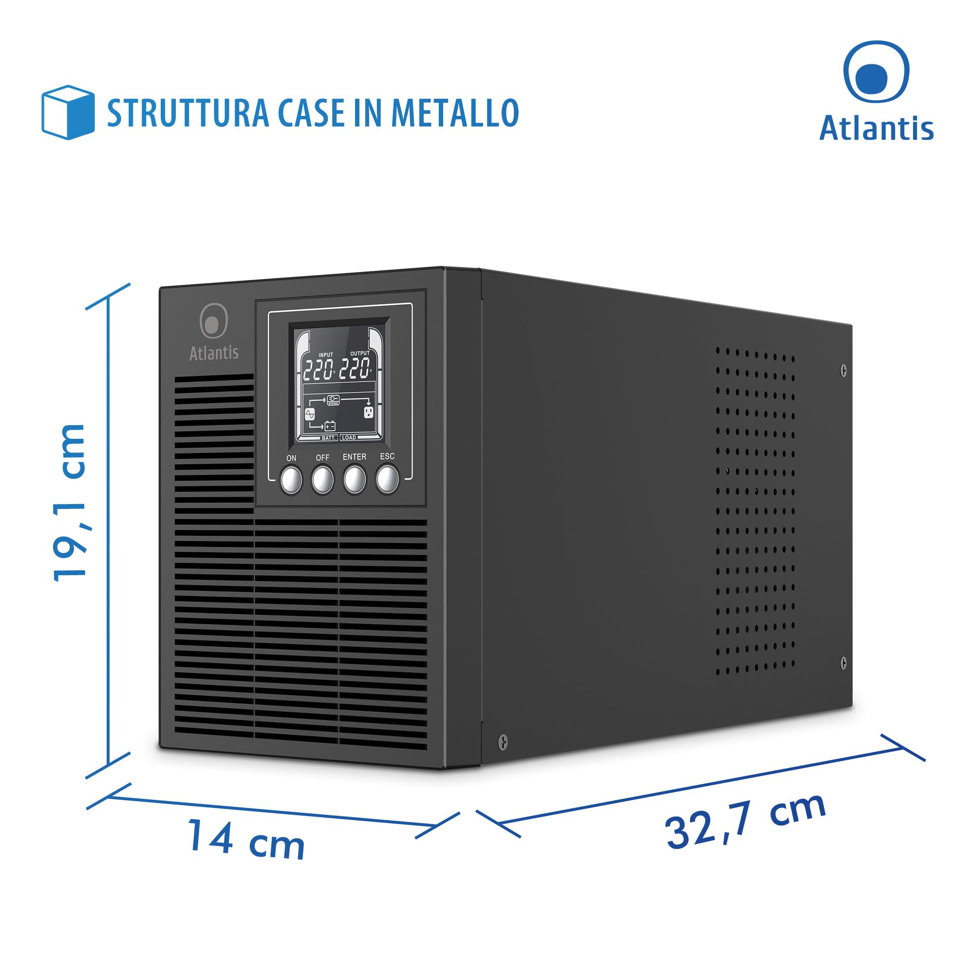 Atlantis A03-OP1002XLN UPS OnLine 88% Più Silenzioso Gruppo di Continuità Server Doppia conversione Onda Sinusoidale Pura 1000VA 700W, Ventola Low Noise Gelid 23,6 dbA,USB,2 Schuko + 1 IEC, 2x12V-9Ah