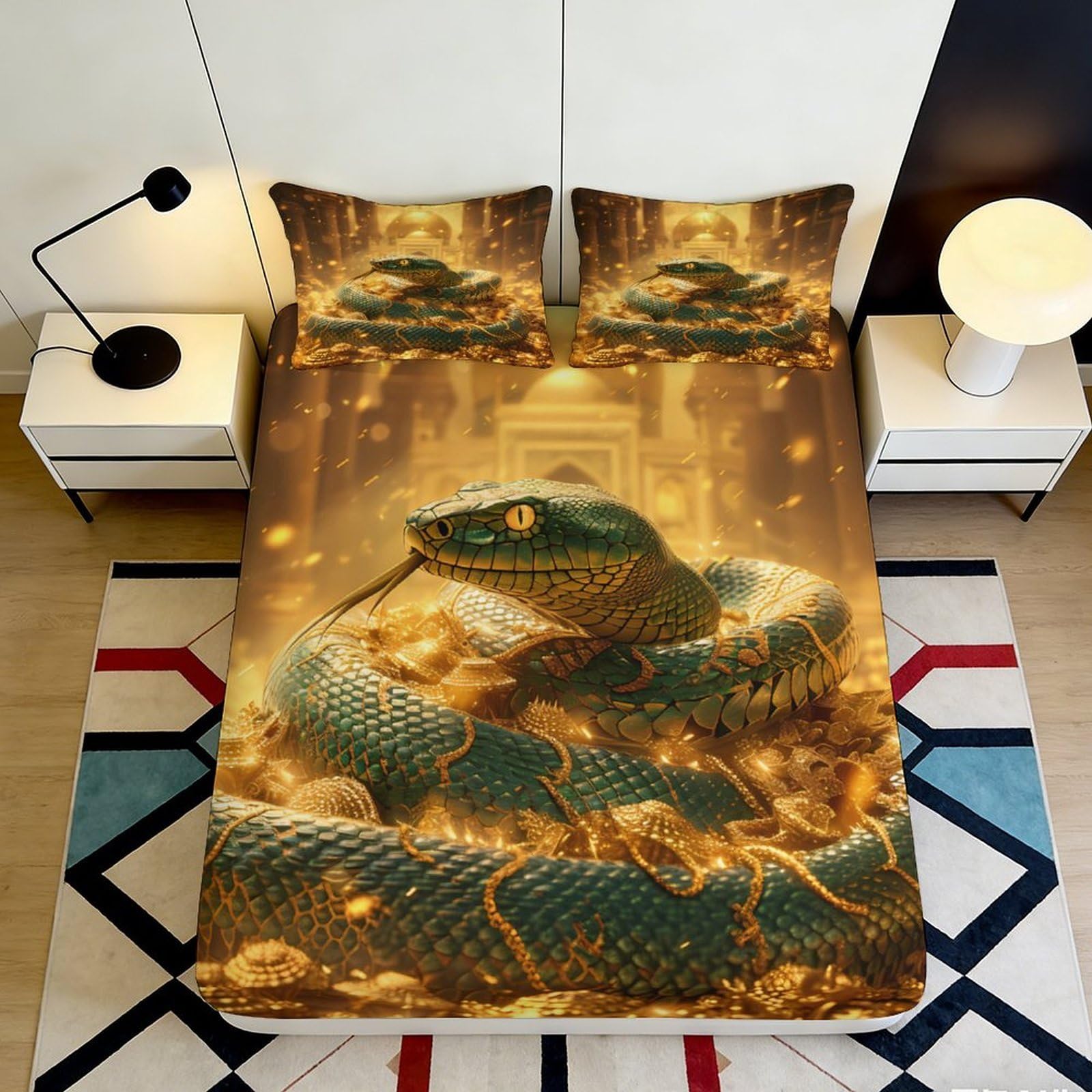 Pnayamiorkfel Style-10 3D Printed Golden Snake Fitted Sheet Microfiber Soft Anti-Slip Bedroom Decor Green Serpent Bed Cover For Home Dorm 90X200x25cm