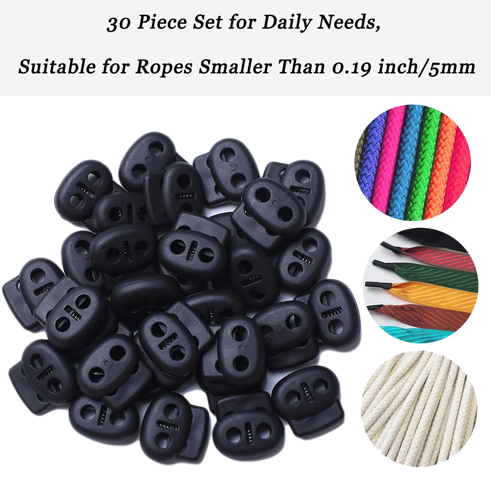 DALAETUS 30 Pezzi Fermacorda Set, 5mm Ovali Fermacorda a Molla Foro Doppio per Cordoncini, Nero Regolatore per Cordino Elastico per Borse, Cappelli, Lacci delle Scarpe, Abbigliamento