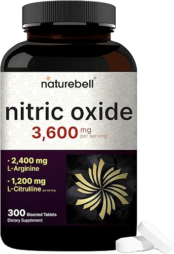 NatureBell Suplemento de óxido nítrico de 3,600 mg, 300 tabletas bisectadas Complejo 2 en 1 de L-Arginina + L-citrulina para hombres y mujeres -
