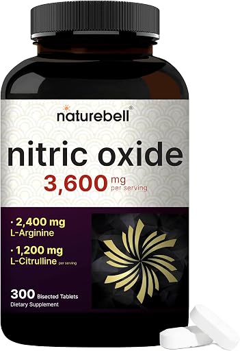NatureBell Nitric Oxide Supplement for Men & Women – Pre-Workout Formula with L-Arginine & L-Citrulline – 3,600mg, 300 Bisected Tablets (100 Servings) – Max Strength – Non-GMO, Gluten Free*