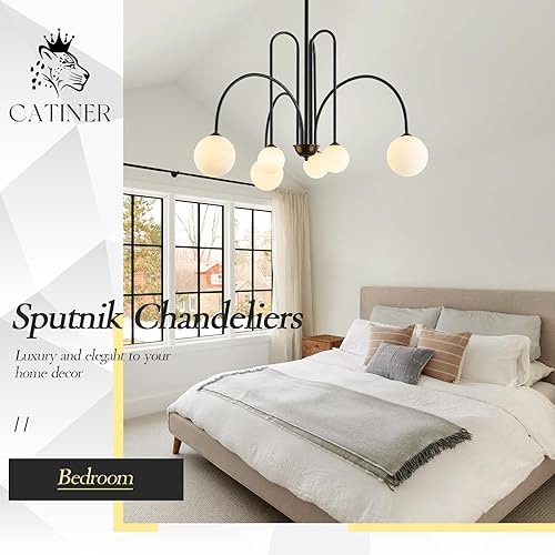 Miniatura 4 de Candelabro moderno negro de 6 luces Sputnik para comedor, grande de 40 pulgadas de largo de siglo, lámparas colgantes de techo con pantallas de
