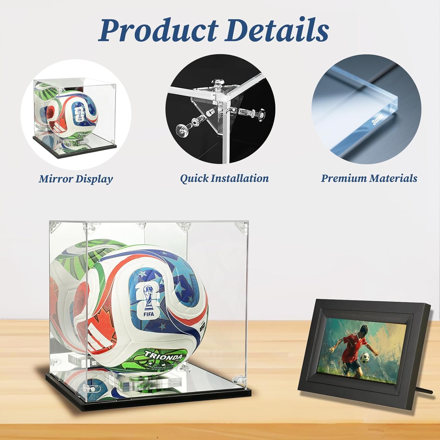 Acrylic Soccer Ball Display Case - Mirror Back & Base, UV Protection Dustproof Box for Autographed Size 5 Soccer Ball - Heavy Duty Memorabilia Cube Holder with Removable Stand (10.5" x 10.5" x 10.8")