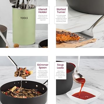 Kitchen Utensils Set - 10-Piece, Stainless-Steel Cooking Utensils w/Spoons, Whisk, Spatula, Tongs, Ladle, Masher & Cooking Utensils Holder - Kitchen Accessories, Gadgets and Tools (Green)