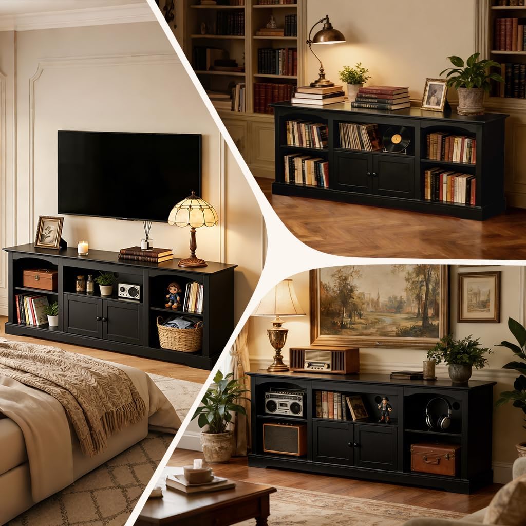 LUCKLIFE 71" TV Stand for TVs up to 80 Inch,Modern Farmhouse Entertainment Center with Arched Cabinet Doors & Open Adjustable Storage Shelves,Media Console Table for Living Room (Black, 71 inch)