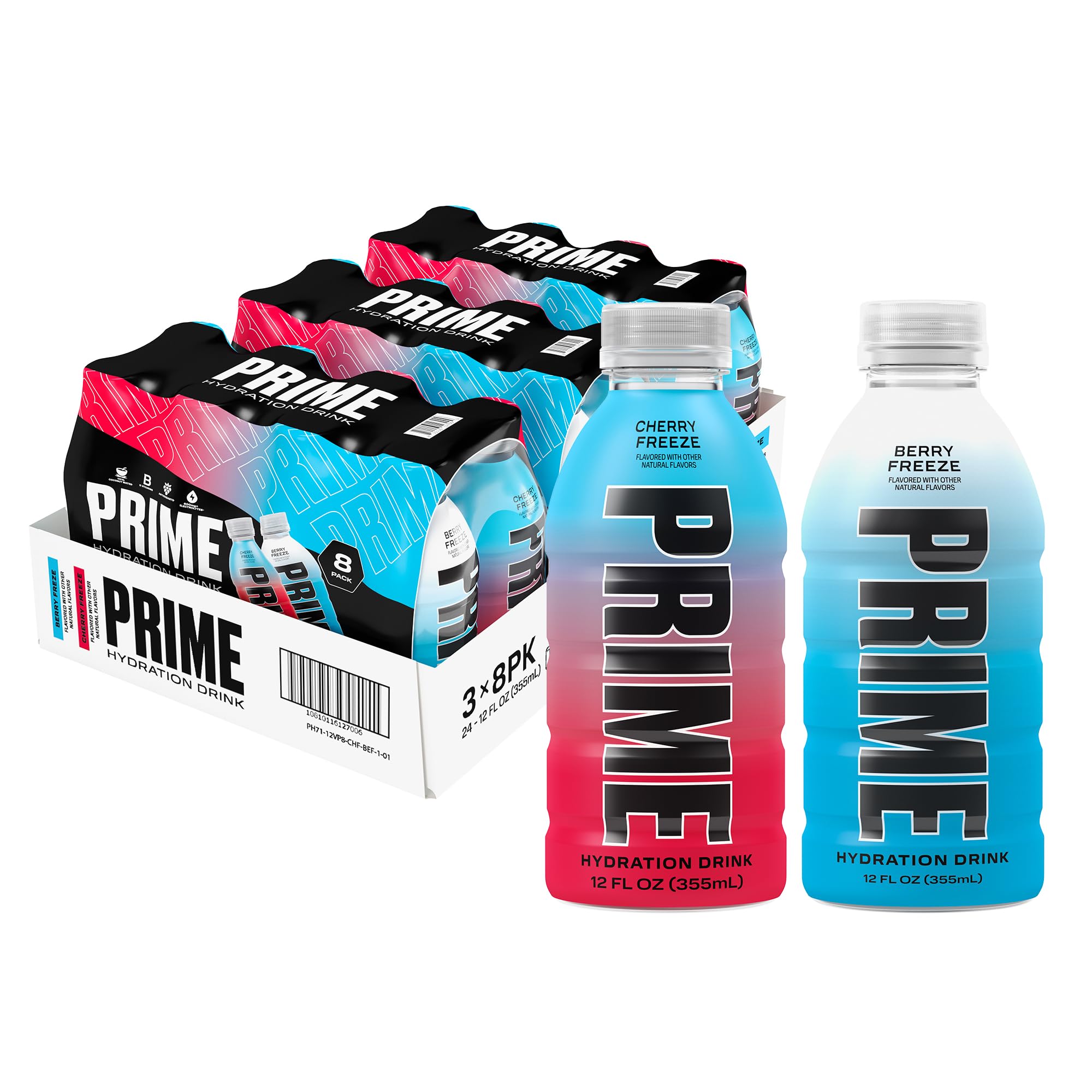 PRIME HYDRATION Duo - Blue Freeze & Cherry Freeze, Sports Drinks, Electrolyte Enhanced for Ultimate Hydration, 250mg BCAAs, B Vitamins, Antioxidants, Low Sugar, 12 Fl Oz (Pack of 24)