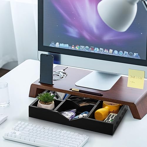 Miniatura 5 de TOPZEA Bandeja organizadora de cajones de escritorio de madera, organizador de cajones de basura de 6 ranuras con 2 divisores ajustables,